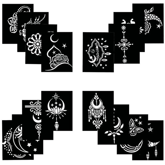 Henna Glow Stencil Set – 16 Sheets of Reusable Tattoo Stencils for Women & Girls