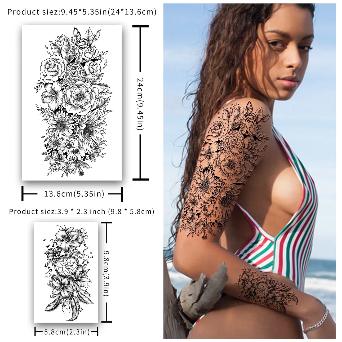 40 Sheets Waterproof Temporary Tattoos – Large Floral Designs with Sunflowers, Roses & Bouquets | Half Arm & Mini Tattoos for Women & Girls | Long-Lasting Body Art