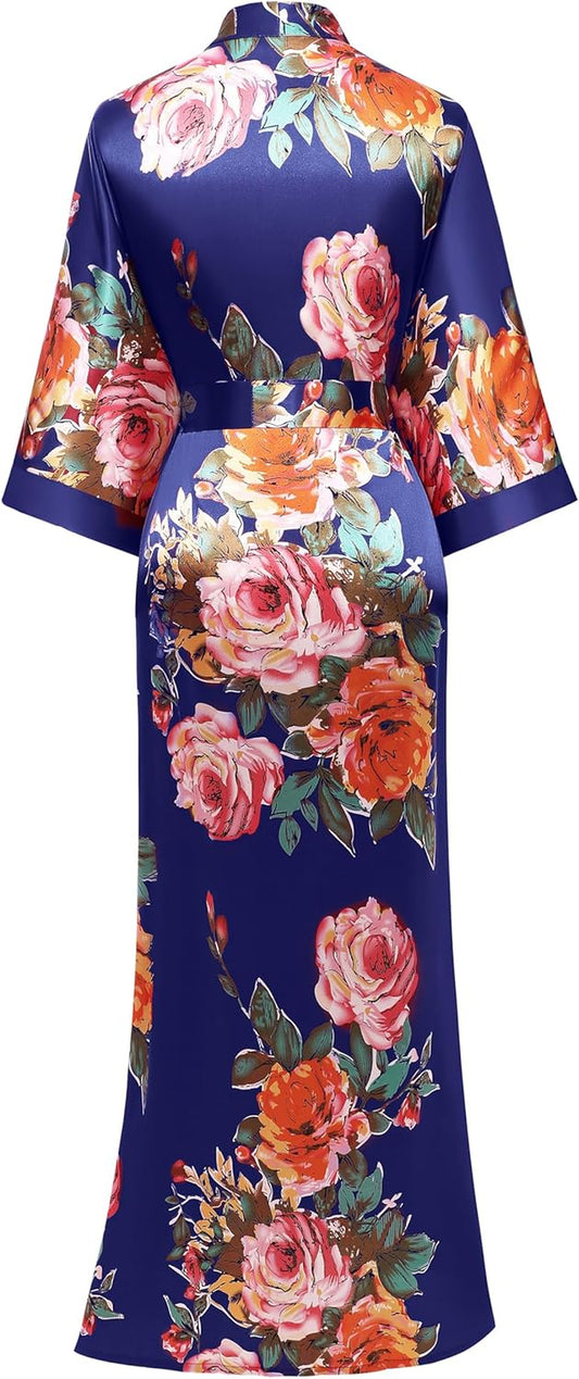 Women'S Kimono Robe Long Satin Silky Floral Lightweight Bridesmaid Wedding Bachelorette Party Robe