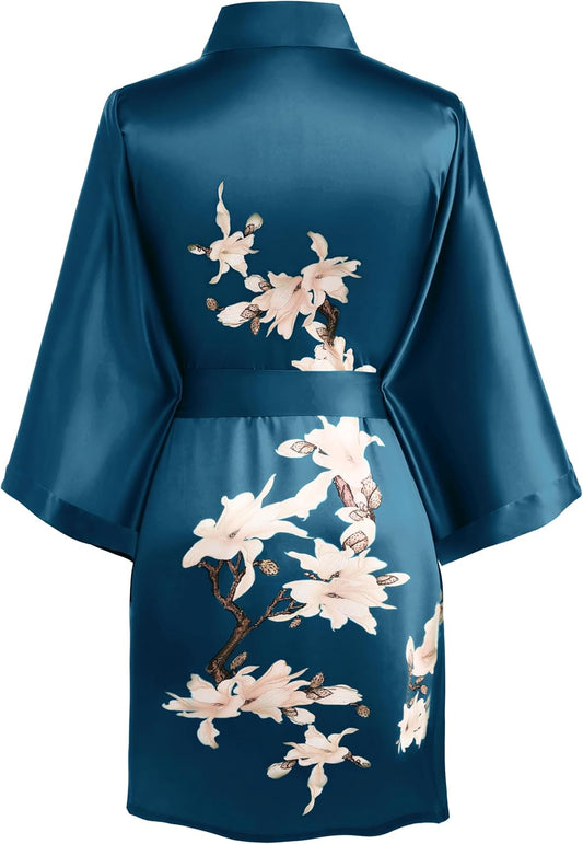 Kimono Robe Cover up Short Satin Floral Silky Kimono Blouse Loose Bachelorette Party Robe