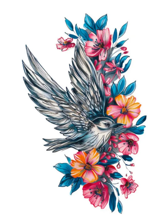 Floral Hummingbird Large Temporary Tattoo | Waterproof Body Art for Men & Women | Arm, Torso or Leg