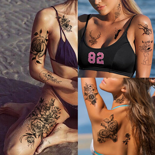 40 Sheets Waterproof Temporary Tattoos – Large Floral Designs with Sunflowers, Roses & Bouquets | Half Arm & Mini Tattoos for Women & Girls | Long-Lasting Body Art