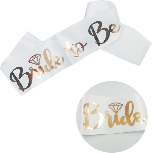Bride to Be Set – 5-Piece Bachelorette Party Supplies & Bridal Shower Accessories | Sash, Veil, Tiara, Banner, and Tattoos (White Sash)