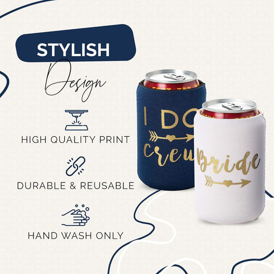I Do Crew & Bride Bachelorette Can Coolers – 12-Pack Neoprene Beer Sleeves for Bridal Shower, Engagement, Party Favors (Navy Blue, Regular)