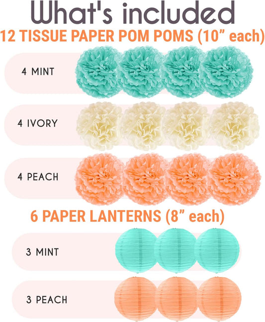 22-Piece Tissue Paper Pom Poms Party Set - Mint, Ivory & Peach | Includes 12 Pom Poms, 6 Paper Lanterns, 3 Honeycomb Balls & 1 6.5 Ft. Garland | for Birthdays, Bridal or Baby Showers & More