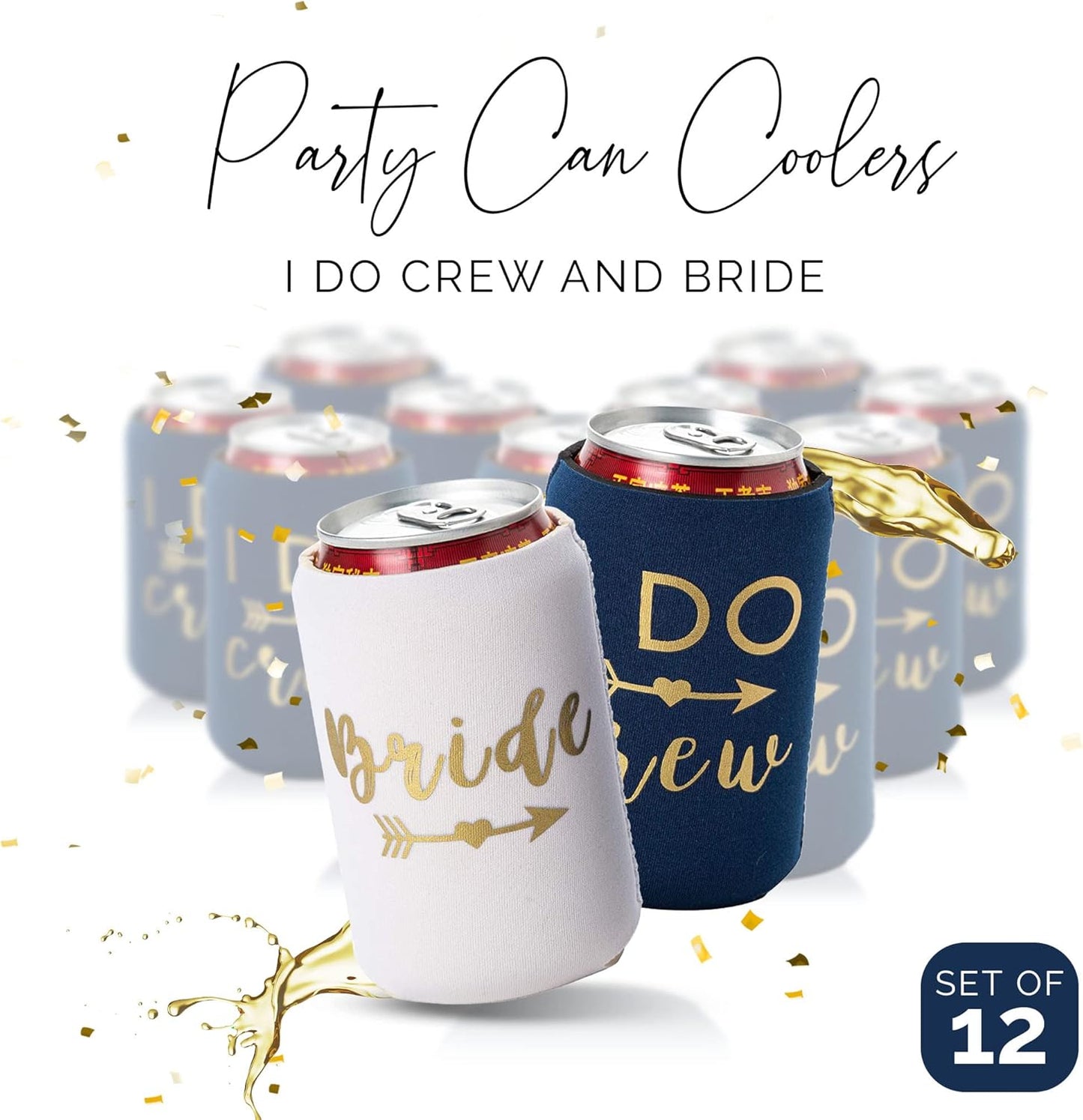 I Do Crew & Bride Bachelorette Can Coolers – 12-Pack Neoprene Beer Sleeves for Bridal Shower, Engagement, Party Favors (Navy Blue, Regular)