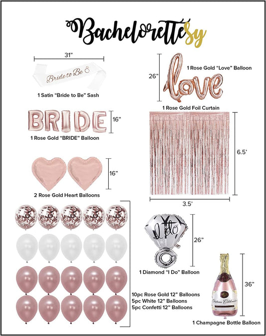 28-Piece Rose Gold Bachelorette Party Decorations Kit – Balloons, Sash, Foil Curtain & More for Bridal Shower & Engagement