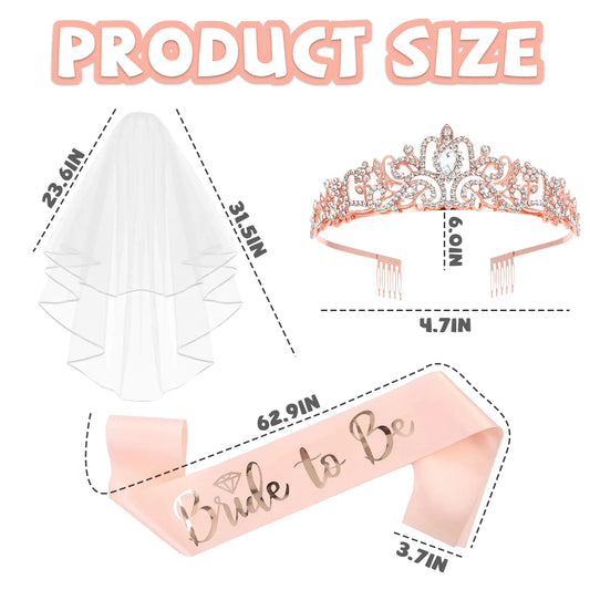 3-Piece Bride to Be Bachelorette Party Set – Rose Gold Tiara, Sash & Veil – Bridal Shower Decorations & Gifts