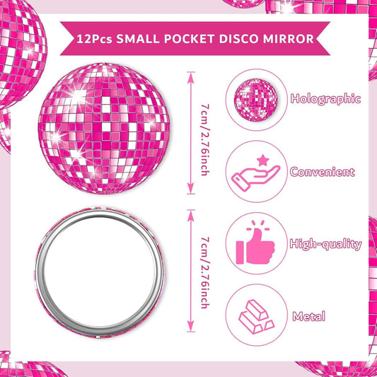 12 Pcs Disco Ball Compact Mirror Bulk Hot Pink Party Favors 2.76In Cowgirl Handheld Pocket Mirror Glitter Party Vintage round Makeup Portable for Girls Women Gift Birthday Bachelorette