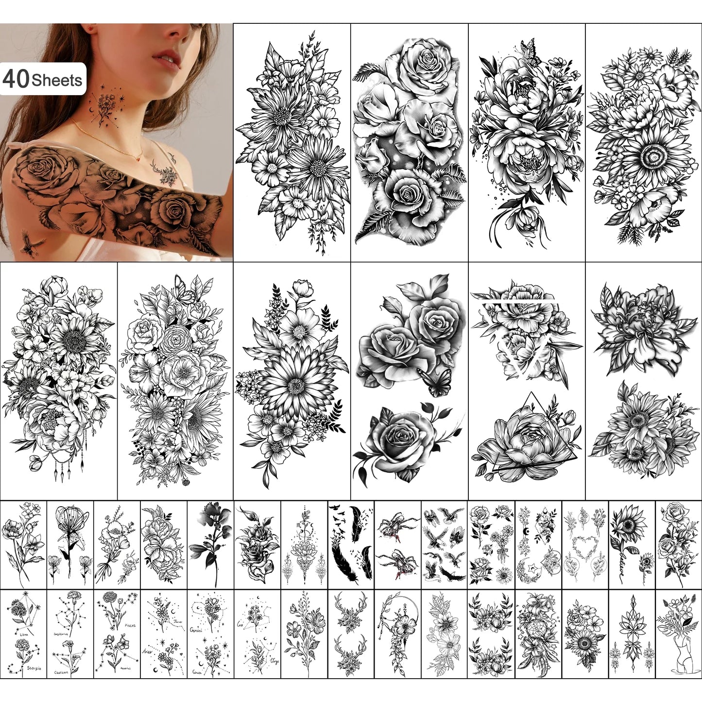 40 Sheets Waterproof Temporary Tattoos – Large Floral Designs with Sunflowers, Roses & Bouquets | Half Arm & Mini Tattoos for Women & Girls | Long-Lasting Body Art