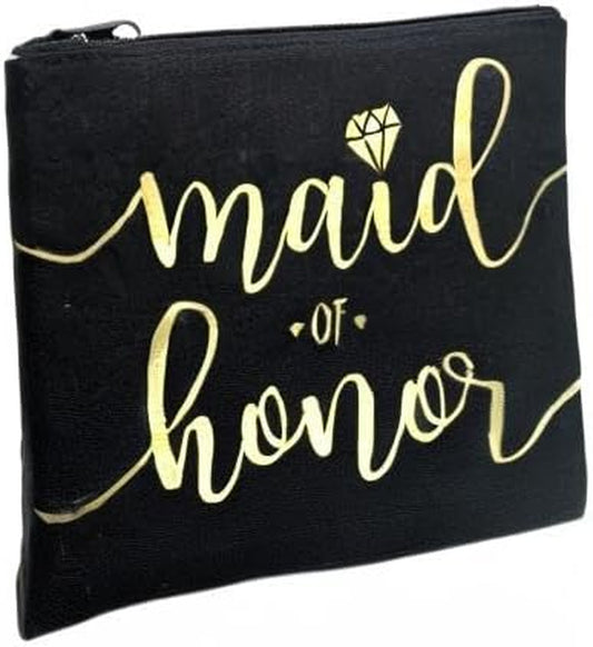 Bride Tribe Makeup Bags - Bridesmaid Favor for Bachelorette Party, Bridal Shower, Wedding. Cosmetic Toiletry Bag, Wedding Survival Kit, Hangover Kit, Keepsake (1Pc Maid of Honor, Black & Gold)