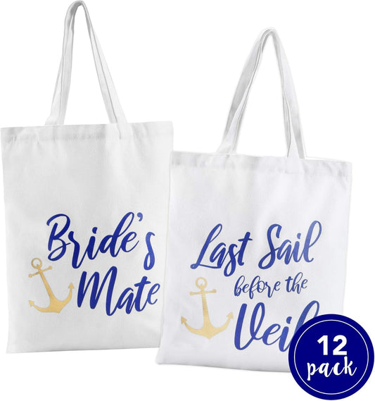 Nautical Bachelorette Party Canvas Bags – 12 Pack | “Last Sail Before the Veil” Bride & Bridesmaid Tote Bags | Nautical Bachelorette Party Favors & Decorations