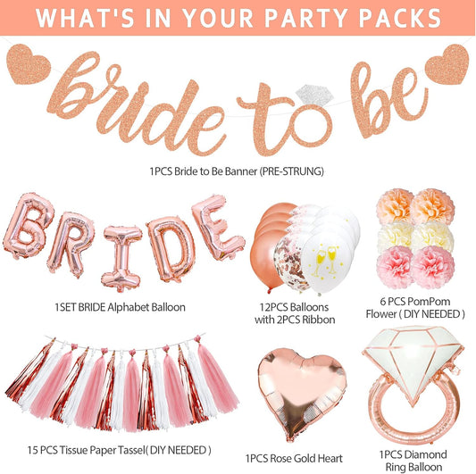 Bachelorette Party Decorations – Rose Gold Bridal Shower Set with Bride Balloons, Ring, Hearts, Banner, Tassels & Pompoms | Bride to Be Party Supplies