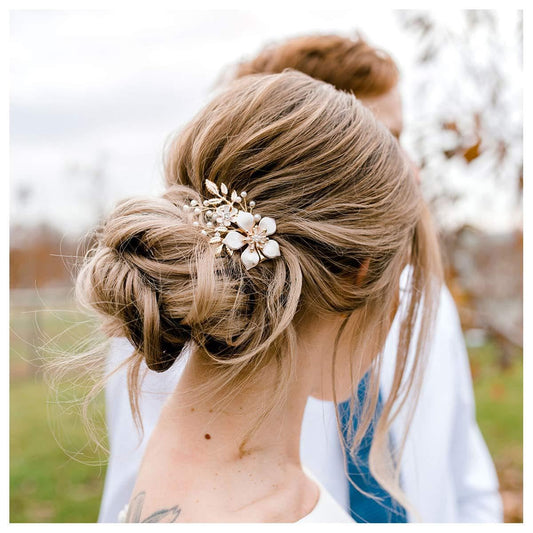 Bridal Flower Hair Clip Pearl Wedding Hair Piece Gold Bride Leaf Barrettes Bridal Hair Accessories for Women and Brides