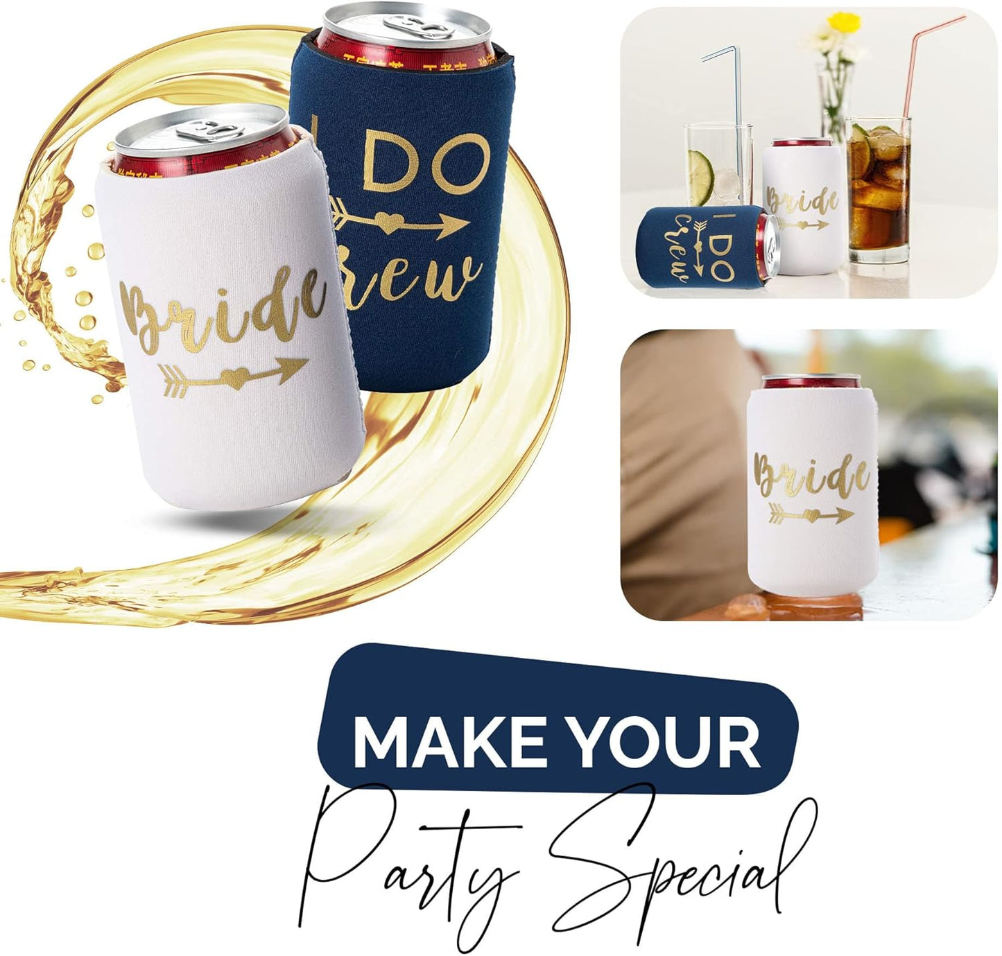 I Do Crew & Bride Bachelorette Can Coolers – 12-Pack Neoprene Beer Sleeves for Bridal Shower, Engagement, Party Favors (Navy Blue, Regular)