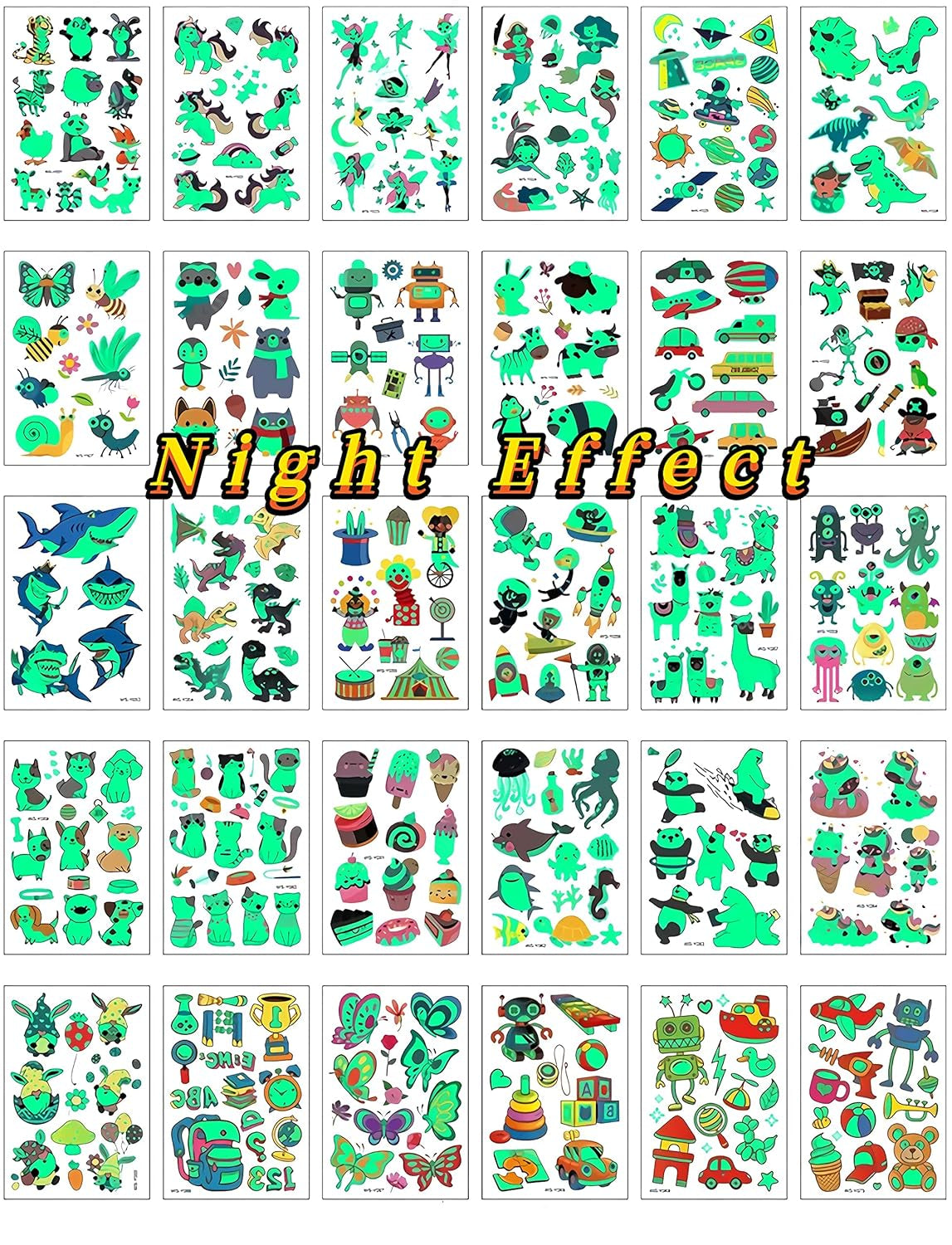 400 Pieces Luminous Temporary Tattoos for Kids ,Waterproof Fake Tattoo Glow in the Dark with Mixed Style Cartoon Tattoos, Butterfly Animal Unicorn Dinosaur Pirate Space Mermaid for Boys and Girls, Birthday Party Decorations Supplies,30 Sheets (Green Glow)