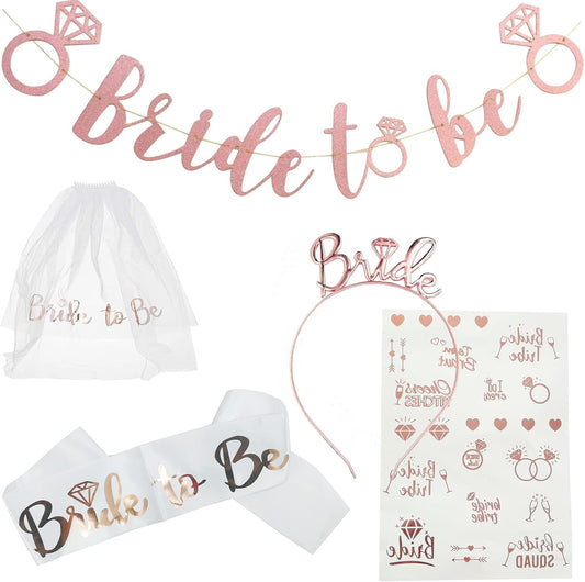 Bride to Be Set – 5-Piece Bachelorette Party Supplies & Bridal Shower Accessories | Sash, Veil, Tiara, Banner, and Tattoos (White Sash)