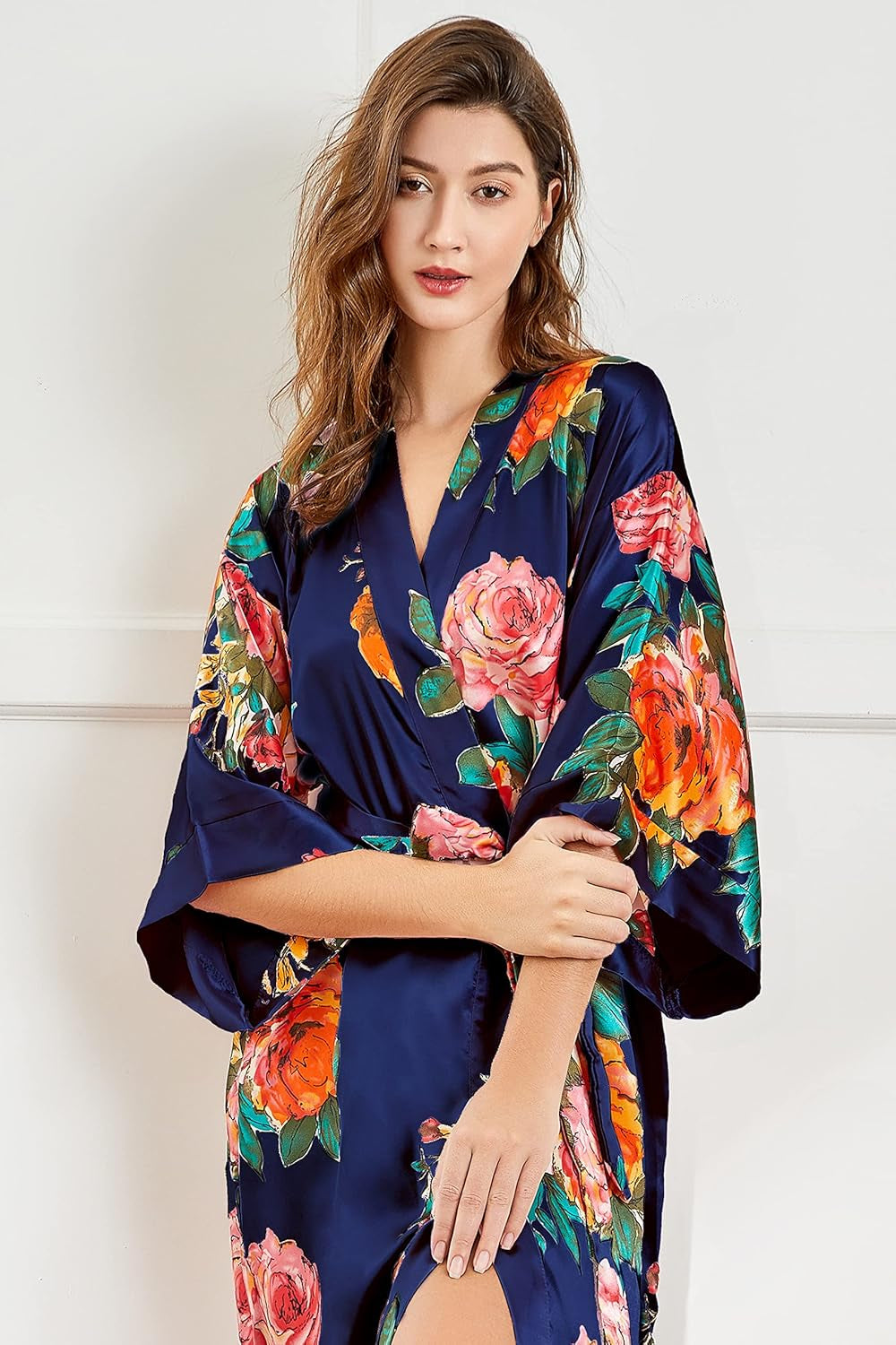 Women'S Kimono Robe Long Satin Silky Floral Lightweight Bridesmaid Wedding Bachelorette Party Robe