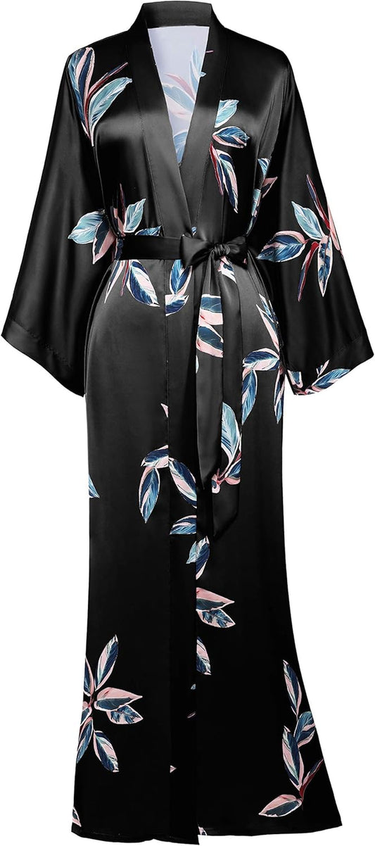 Satin Kimono Robe – Long Silky Cover-Up with Belt & Pockets | Bridal, Bachelorette & Party Robe (One Size)
