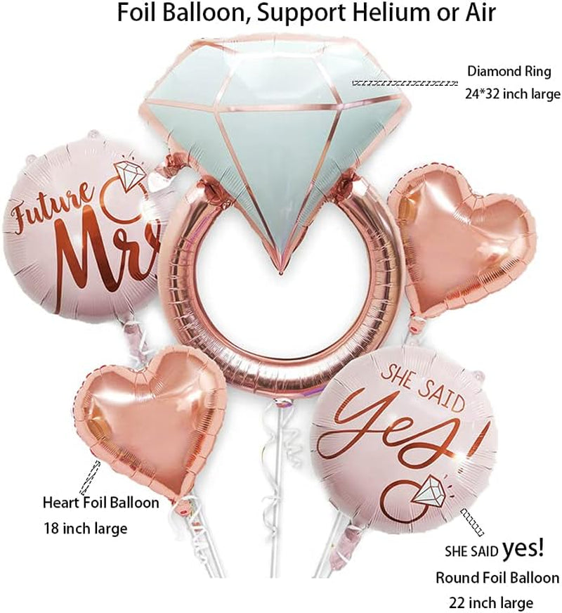 Rose Gold Ring Balloon Set – Diamond Ring, Hearts & “She Said Yes” Balloons for Bachelorette, Engagement & Bridal Shower Party Decor