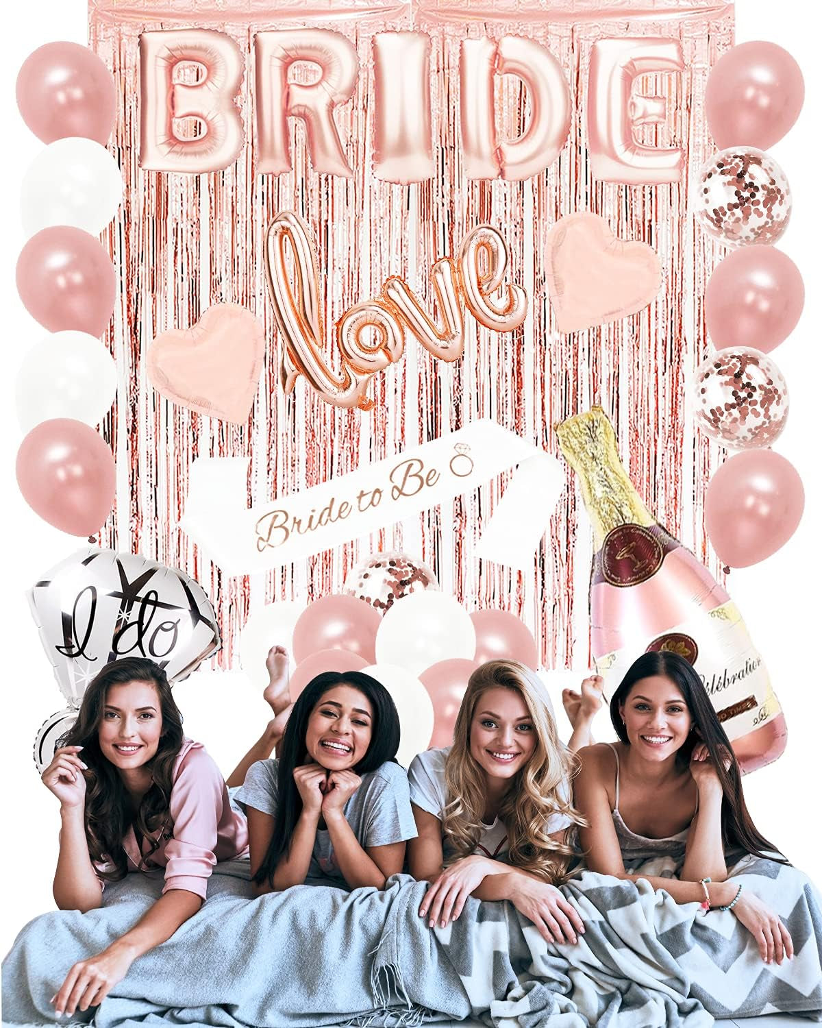28-Piece Rose Gold Bachelorette Party Decorations Kit – Balloons, Sash, Foil Curtain & More for Bridal Shower & Engagement