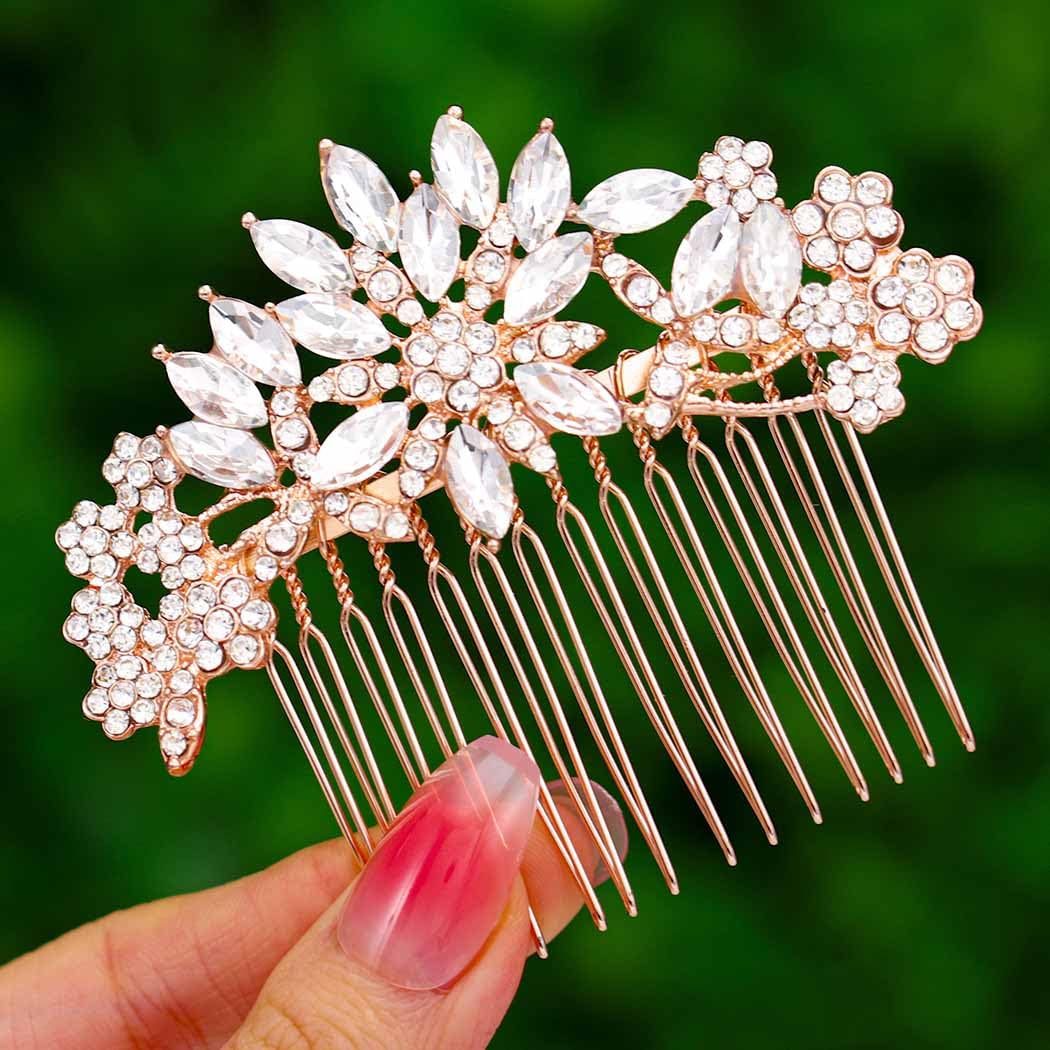 Crystal Wedding Hair Comb Flower Rhinestone Hair Accessories Gold Bridal Headpiece for Women and Brides