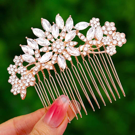 Crystal Wedding Hair Comb Flower Rhinestone Hair Accessories Gold Bridal Headpiece for Women and Brides