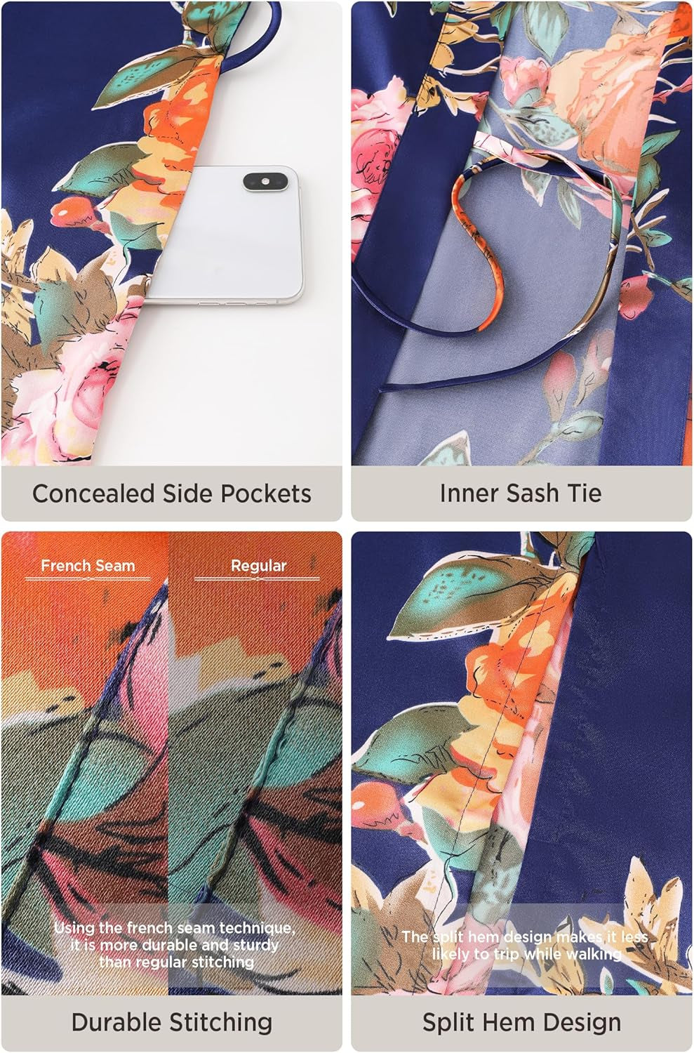 Women'S Kimono Robe Long Satin Silky Floral Lightweight Bridesmaid Wedding Bachelorette Party Robe