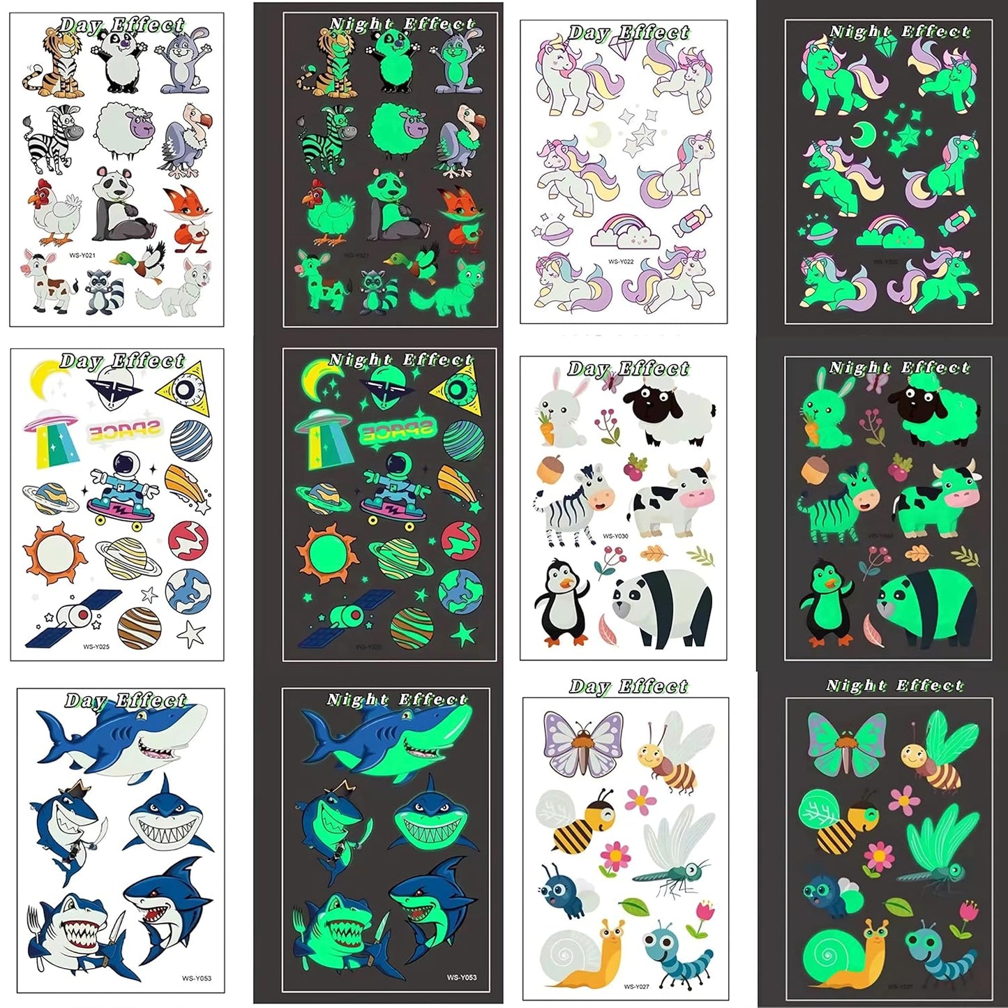 400 Pieces Luminous Temporary Tattoos for Kids ,Waterproof Fake Tattoo Glow in the Dark with Mixed Style Cartoon Tattoos, Butterfly Animal Unicorn Dinosaur Pirate Space Mermaid for Boys and Girls, Birthday Party Decorations Supplies,30 Sheets (Green Glow)