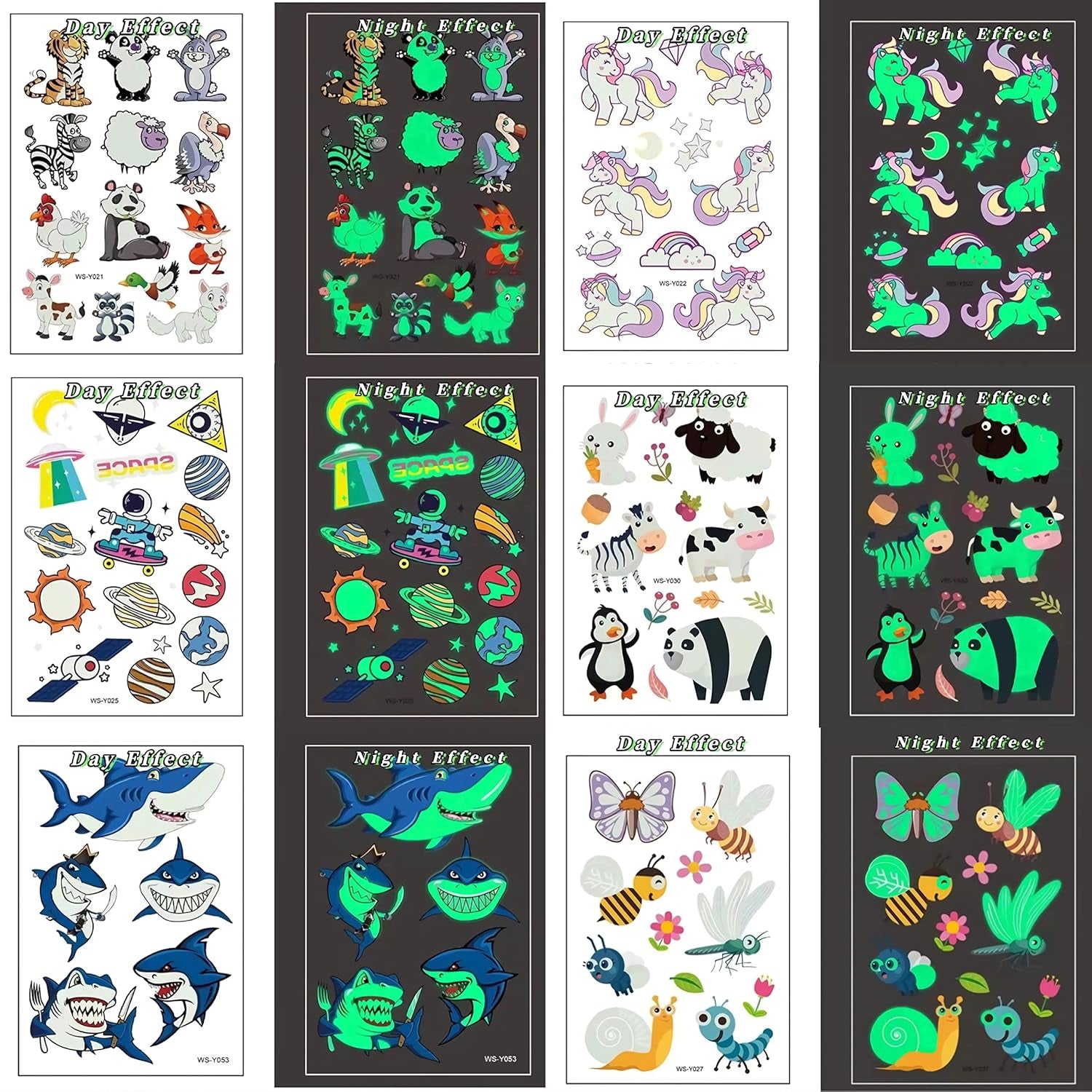 400 Pieces Luminous Temporary Tattoos for Kids ,Waterproof Fake Tattoo Glow in the Dark with Mixed Style Cartoon Tattoos, Butterfly Animal Unicorn Dinosaur Pirate Space Mermaid for Boys and Girls, Birthday Party Decorations Supplies,30 Sheets (Green Glow)