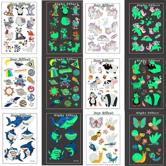 400 Pieces Luminous Temporary Tattoos for Kids ,Waterproof Fake Tattoo Glow in the Dark with Mixed Style Cartoon Tattoos, Butterfly Animal Unicorn Dinosaur Pirate Space Mermaid for Boys and Girls, Birthday Party Decorations Supplies,30 Sheets (Green Glow)