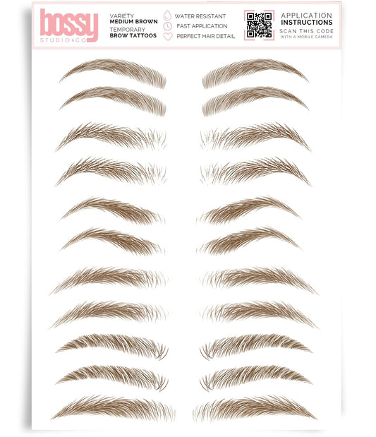 Temporary Eyebrow Tattoos – Waterproof Hair-Like Peel-Off Brow Stickers (Medium Brown, Variety Pack)