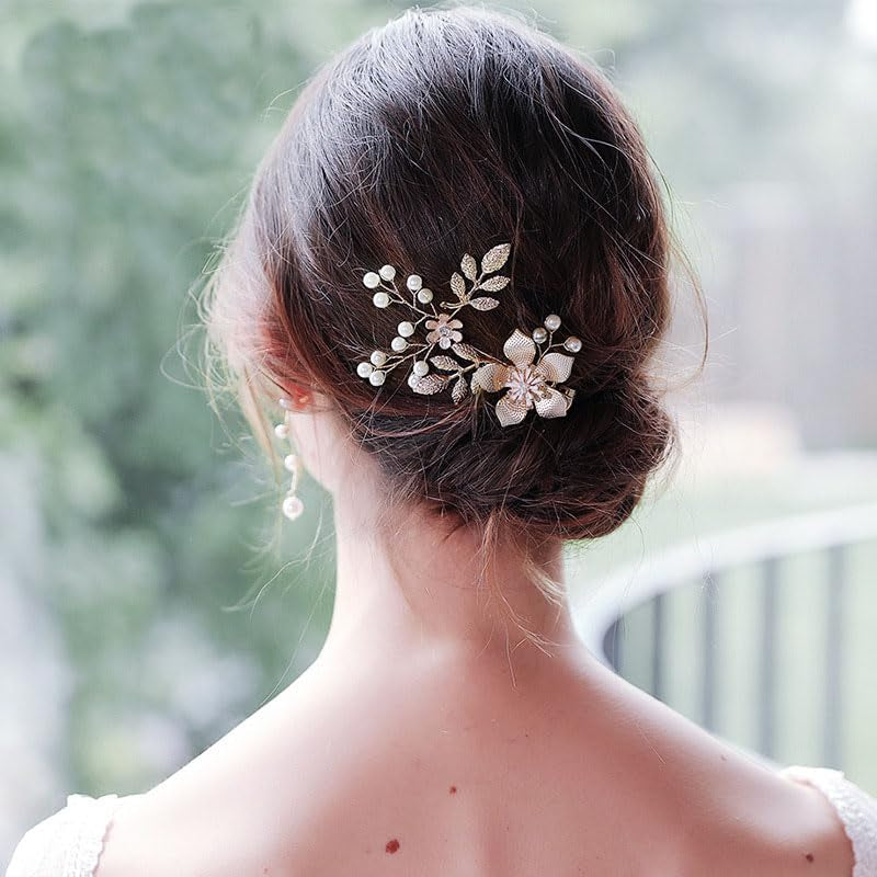 Bridal Flower Hair Clip Pearl Wedding Hair Piece Gold Bride Leaf Barrettes Bridal Hair Accessories for Women and Brides