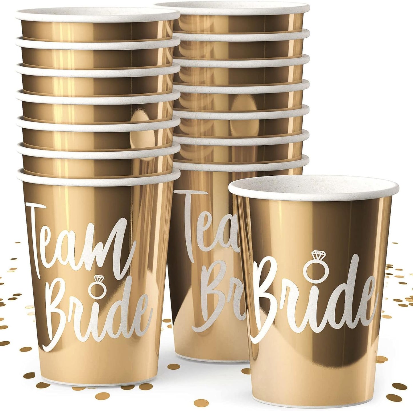 Team Bride Bachelorette Party Cups – 15 Pack Rose Gold Foil Bride & Bridesmaid Cups – 12oz Disposable Bridal Shower & Bachelorette Decorations