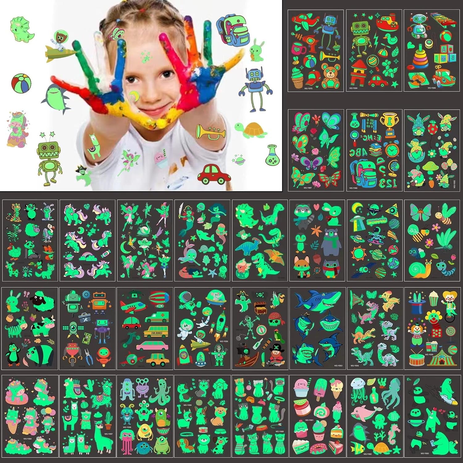 400 Pieces Luminous Temporary Tattoos for Kids ,Waterproof Fake Tattoo Glow in the Dark with Mixed Style Cartoon Tattoos, Butterfly Animal Unicorn Dinosaur Pirate Space Mermaid for Boys and Girls, Birthday Party Decorations Supplies,30 Sheets (Green Glow)