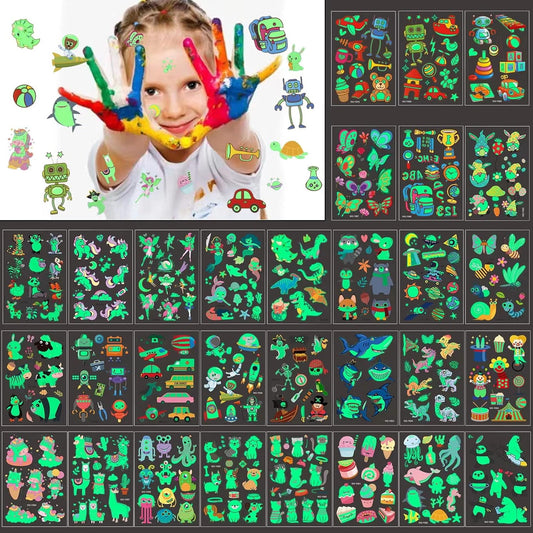 400 Pieces Luminous Temporary Tattoos for Kids ,Waterproof Fake Tattoo Glow in the Dark with Mixed Style Cartoon Tattoos, Butterfly Animal Unicorn Dinosaur Pirate Space Mermaid for Boys and Girls, Birthday Party Decorations Supplies,30 Sheets (Green Glow)