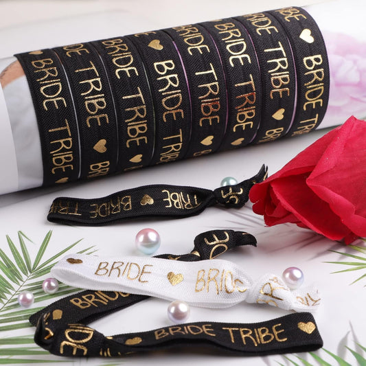 Bachelorette Party Wristbands – Pack of 12 Bride & Bride Tribe Elastic Bracelets – Black & White Bachelorette Favors
