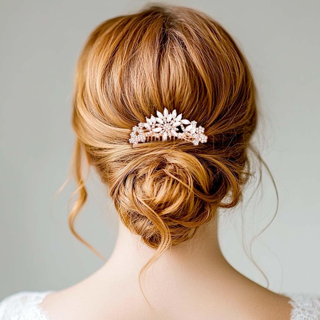 Crystal Wedding Hair Comb Flower Rhinestone Hair Accessories Gold Bridal Headpiece for Women and Brides