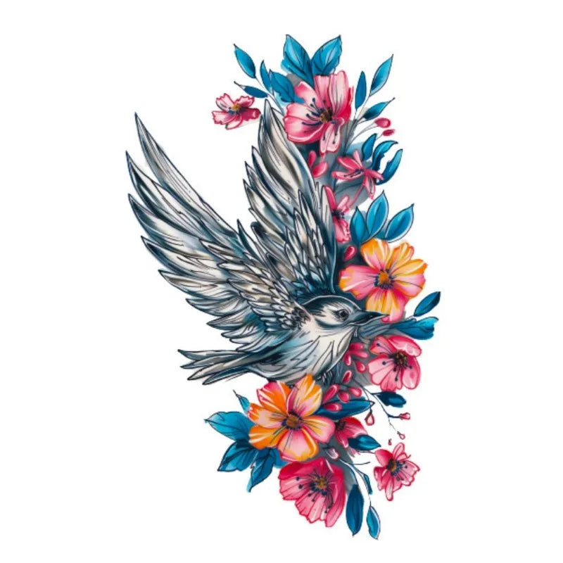 Floral Hummingbird Large Temporary Tattoo | Waterproof Body Art for Men & Women | Arm, Torso or Leg