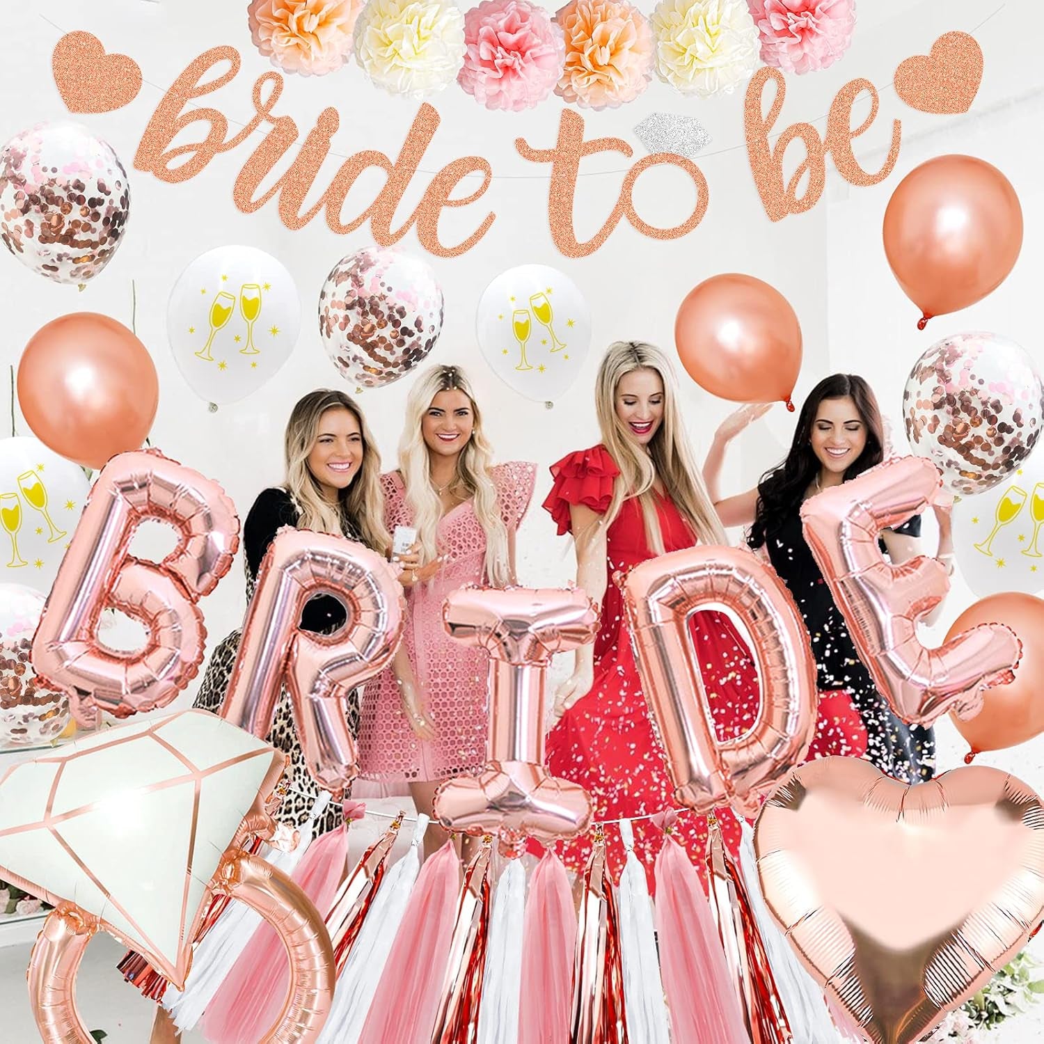 Bachelorette Party Decorations – Rose Gold Bridal Shower Set with Bride Balloons, Ring, Hearts, Banner, Tassels & Pompoms | Bride to Be Party Supplies