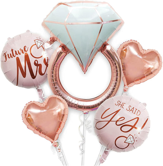 Rose Gold Ring Balloon Set – Diamond Ring, Hearts & “She Said Yes” Balloons for Bachelorette, Engagement & Bridal Shower Party Decor