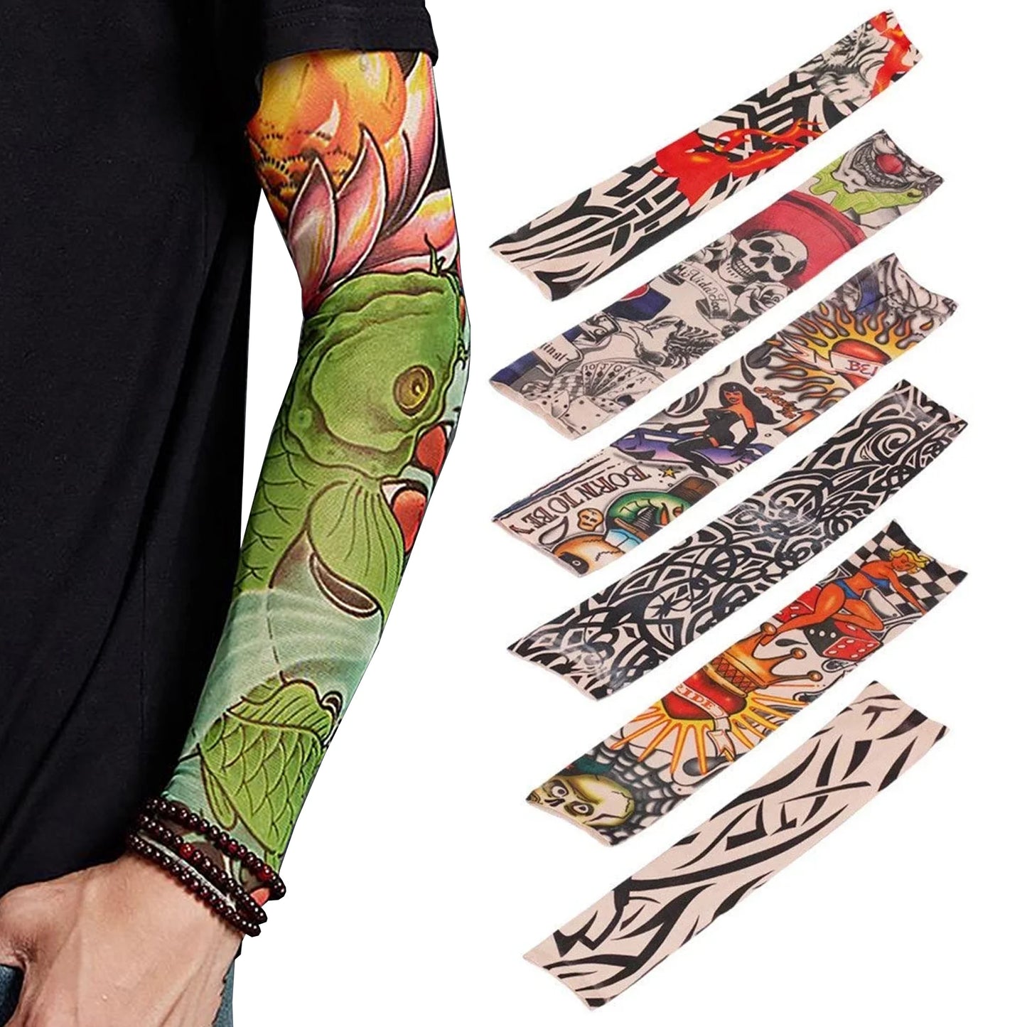 6-Pack Fake Temporary Tattoo Sleeves – Full Arm Slip-On UV Protection | Lifelike Tattoo Designs | Sunscreen Arm Covers for Men & Women