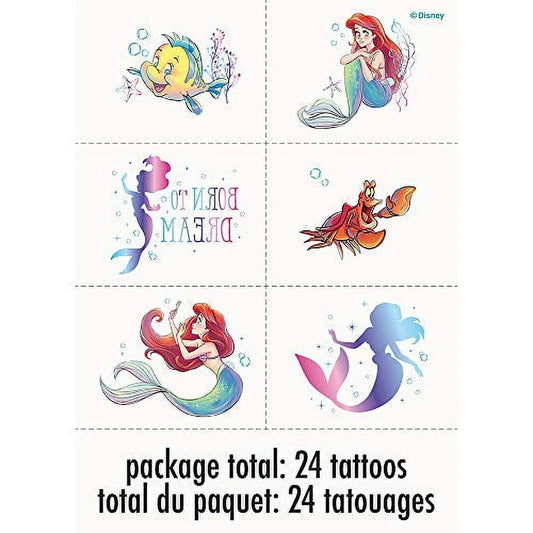 The Little Mermaid Temporary Tattoos – 24-Pack Disney Princess Tattoo Set for Kids (Ariel Party Favors)
