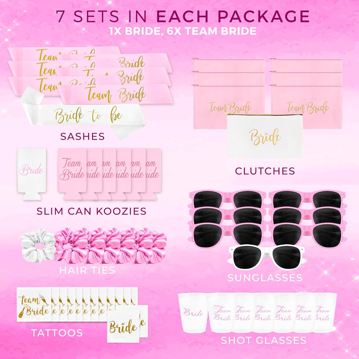 56-Piece Bachelorette Party Favors Kit – Bride & Bridesmaid Gifts | Pink Team Bride Accessories Set (7 Pack)