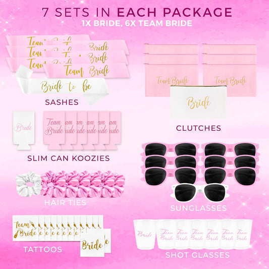 56-Piece Bachelorette Party Favors Kit – Bride & Bridesmaid Gifts | Pink Team Bride Accessories Set (7 Pack)