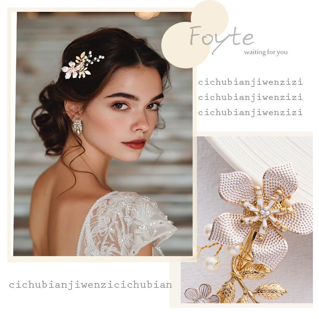 Bridal Flower Hair Clip Pearl Wedding Hair Piece Gold Bride Leaf Barrettes Bridal Hair Accessories for Women and Brides
