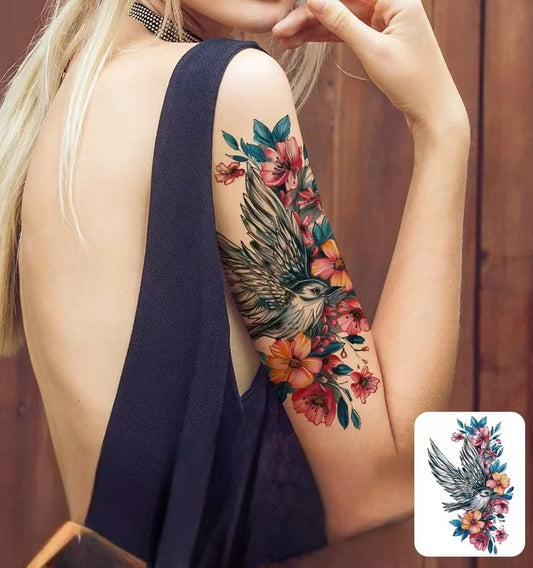 Floral Hummingbird Large Temporary Tattoo | Waterproof Body Art for Men & Women | Arm, Torso or Leg