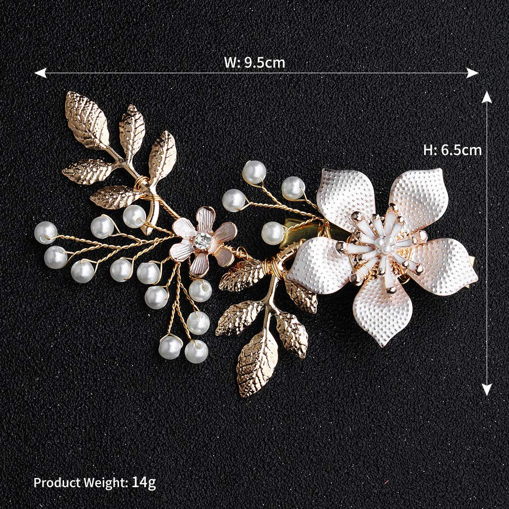 Bridal Flower Hair Clip Pearl Wedding Hair Piece Gold Bride Leaf Barrettes Bridal Hair Accessories for Women and Brides