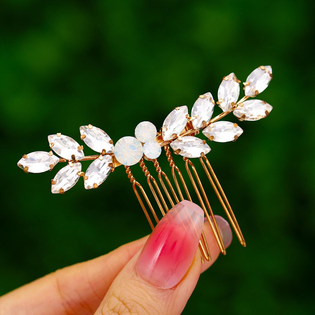 Bride Wedding Hair Comb Crystal Small Hair Piece Rhinestone Bridal Hair Side Comb Opal Gold Hair Accessories for Women and Brides