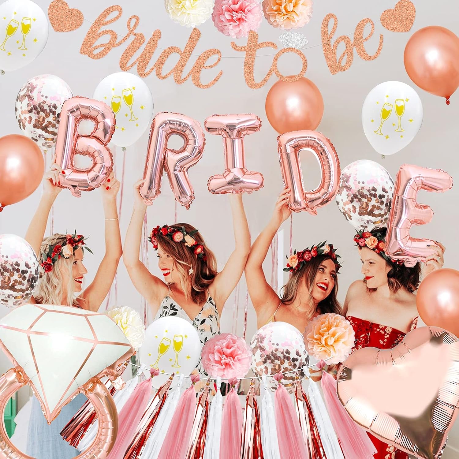 Bachelorette Party Decorations – Rose Gold Bridal Shower Set with Bride Balloons, Ring, Hearts, Banner, Tassels & Pompoms | Bride to Be Party Supplies